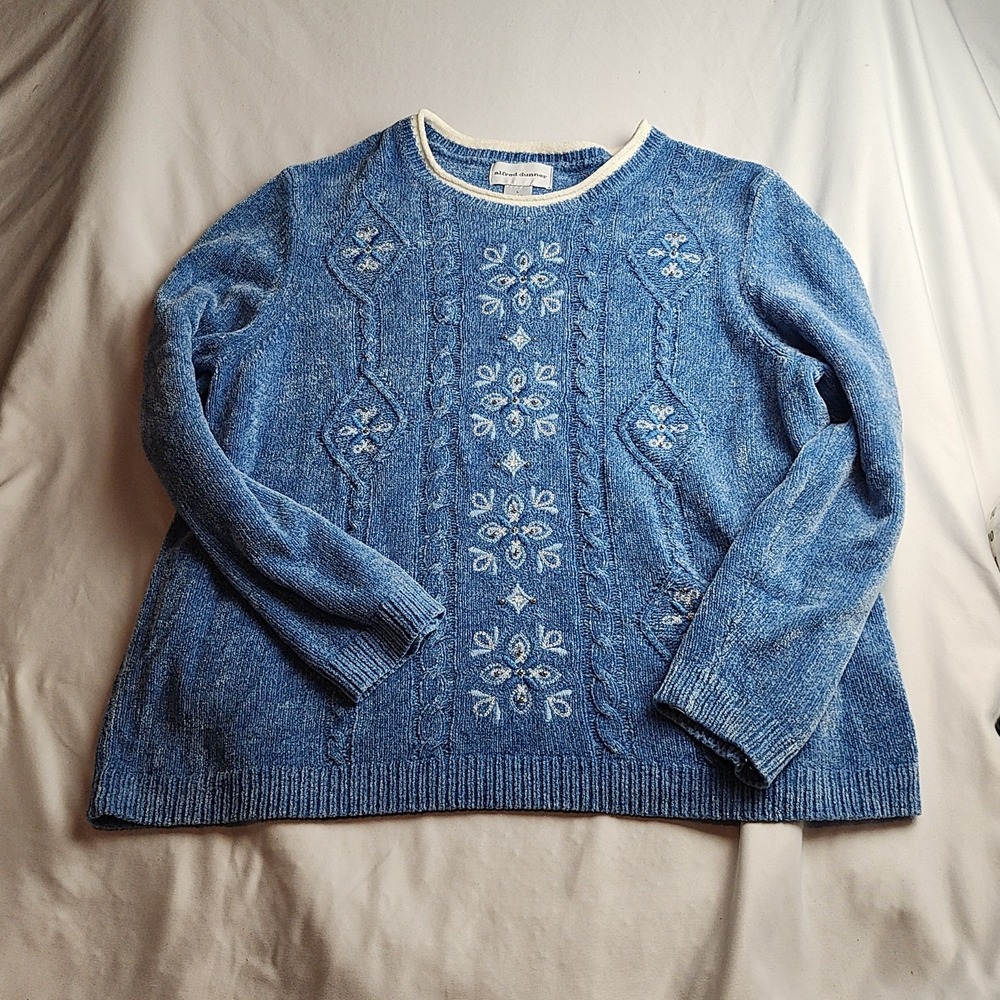 Alfred Dunner Chenille Crewneck Sweater Blue Floral Women's Size Large